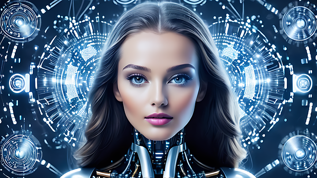 Ilustrace ženy s robotickými rysy a futuristickými kruhy symbolizující umělou inteligenci a hlasové asistenty.