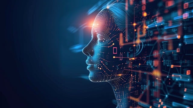 Profil lidské hlavy z digitálních bodů propojený s datovou sítí, symbolizující optimalizaci SEO pro umělou inteligenci.