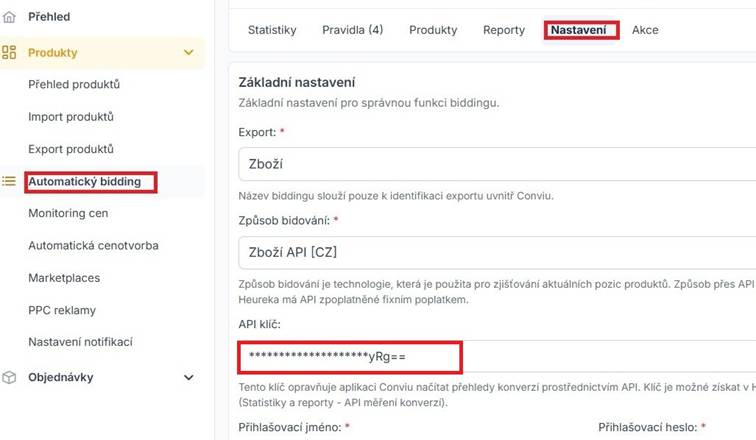 Základní nastavení automatického biddingu v Conviu se způsobem bidování Zbozi API a zvýrazněným polem pro API klíč.