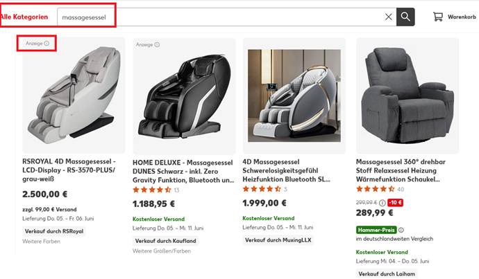 Výsledky vyhledávání masážních křesel na Kaufland Marketplace s reklamními pozicemi Anzeige, cenami a hodnocením produktů