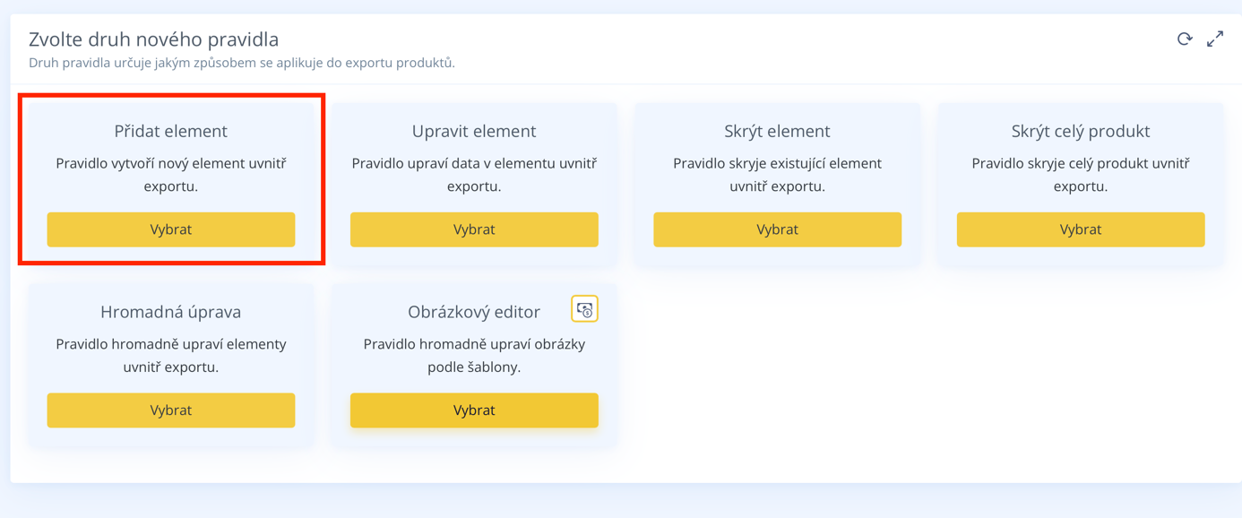 Výběr druhu nového pravidla v Conviu pro export produktů se zvýrazněnou dlaždicí Přidat element
