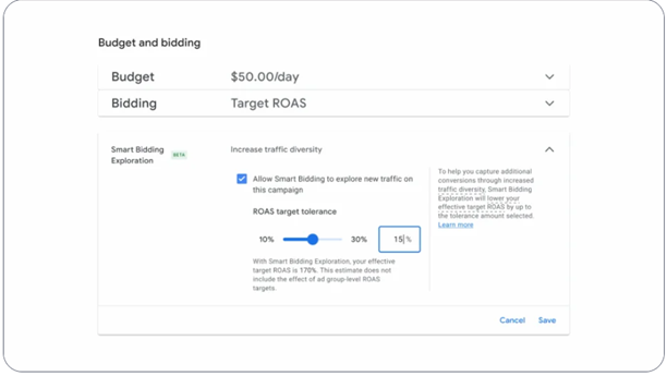 Nastavení rozpočtu a biddingu v Google Ads s funkcí Smart Bidding Exploration a posuvníkem tolerance cílového ROAS na 15 %