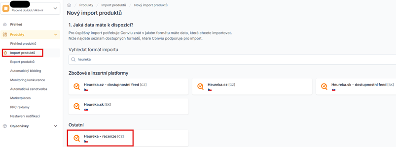 Sekce Import produktů v aplikaci Conviu s výběrem formátu importu a zvýrazněnou volbou Heureka – recenze.