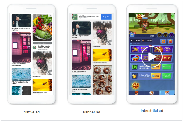 Tři typy mobilních reklam vedle sebe: native ad, banner ad a interstitial ad zobrazené na chytrých telefonech.