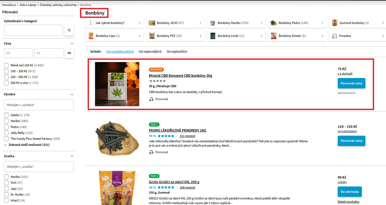 Výpis kategorie Bonbóny na Heureka.cz se zvýrazněnou placenou pozicí Heureka ProductADS pro Miracle CBD konopné bonbóny.