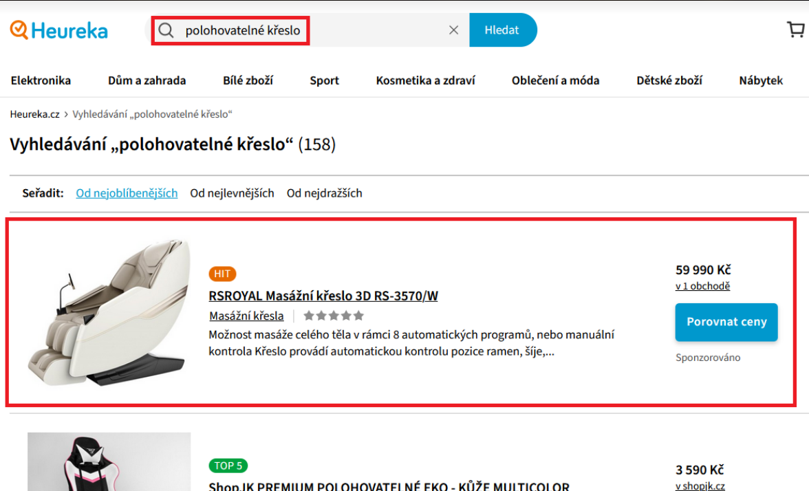 Vyhledávání polohovatelné křeslo na Heureka.cz se zvýrazněnou inzercí ProductADS pro masážní křeslo RSROYAL 3D RS-3570/W.