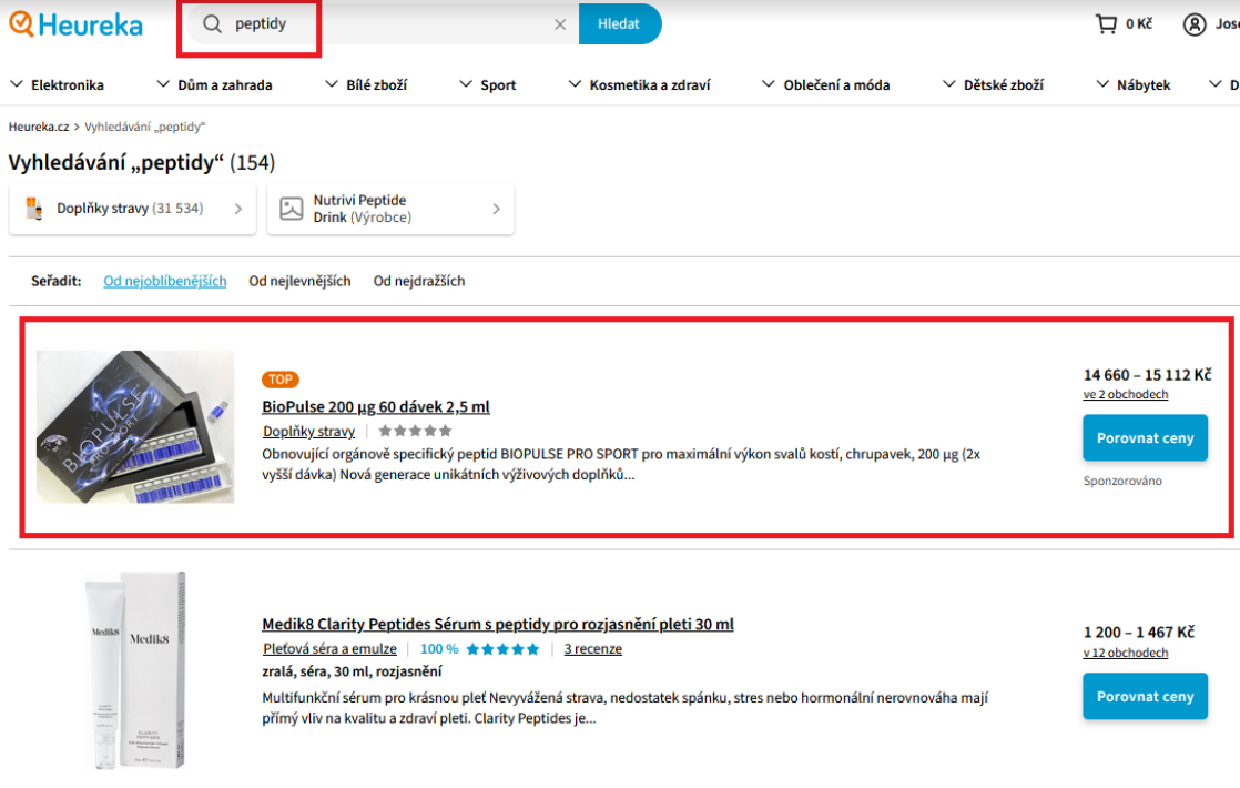 Vyhledávání peptidy na Heureka.cz se zvýrazněnou reklamou Heureka ProductADS pro doplněk BioPulse 200 µg.