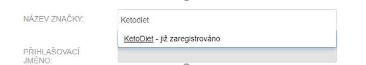 Formulář registrace značky s polem Název značky vyplněným Ketodiet a hláškou, že KetoDiet je již zaregistrováno.
