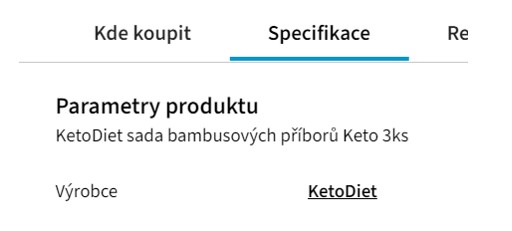 Záložka Specifikace s parametry produktu KetoDiet sada bambusových příborů Keto a výrobcem KetoDiet.