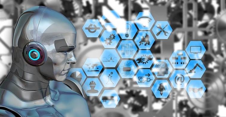 Ilustrace humanoidního robota se sluchátky vedle modrých hexagonálních ikon symbolizujících umělou inteligenci a technologie.