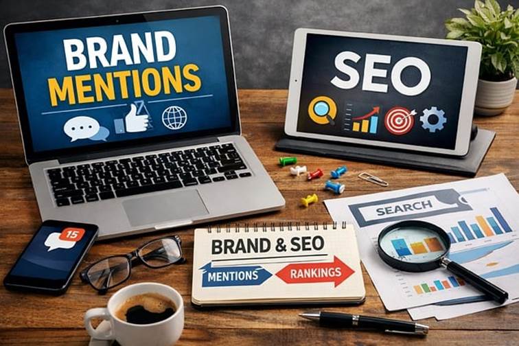 Pracovní stůl s notebookem s nápisem Brand Mentions a tabletem s nápisem SEO, blokem a grafy znázorňující budování značky a SEO.