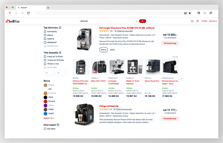 Výpis kávovarů De'Longhi a Philips na Zboží.cz s filtry a srovnáním cen napříč obchody.