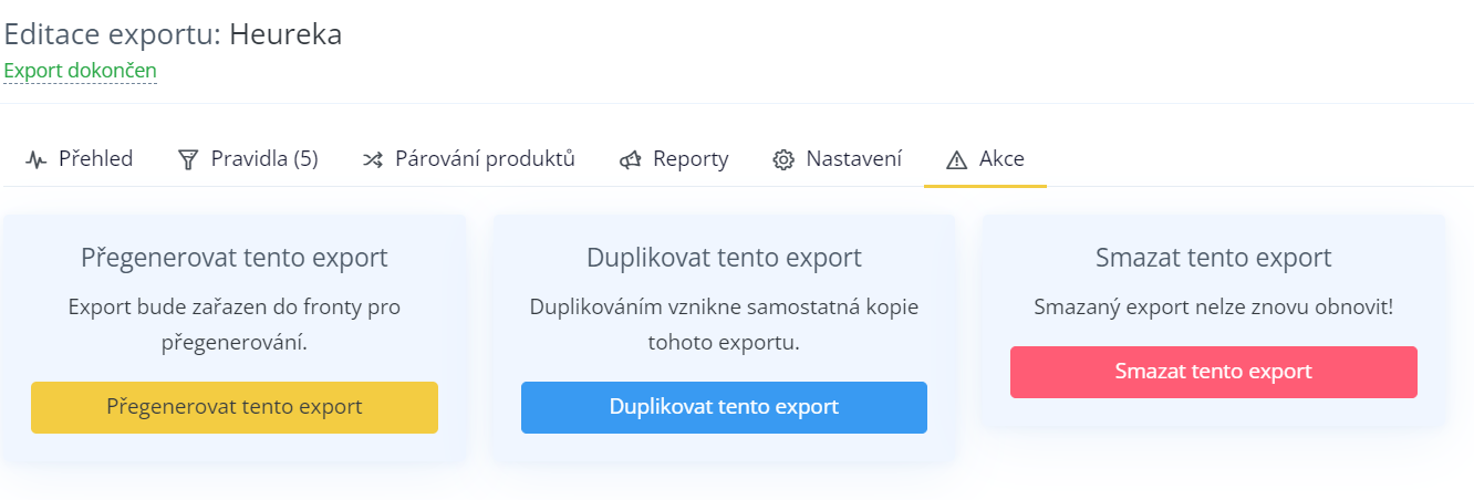 Editace exportu Heureka v Conviu se stavem Export dokončen a záložkami Přehled, Pravidla, Párování produktů, Reporty, Nastavení a Akce.