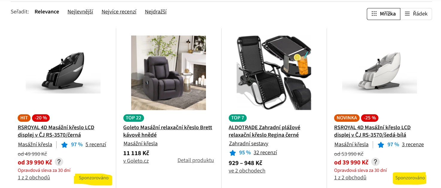 Výpis inzerátů Heureka Product Ads s masážními křesly RIOROVAL a Golema, jejich cenami a štítkem nejprodávanější.