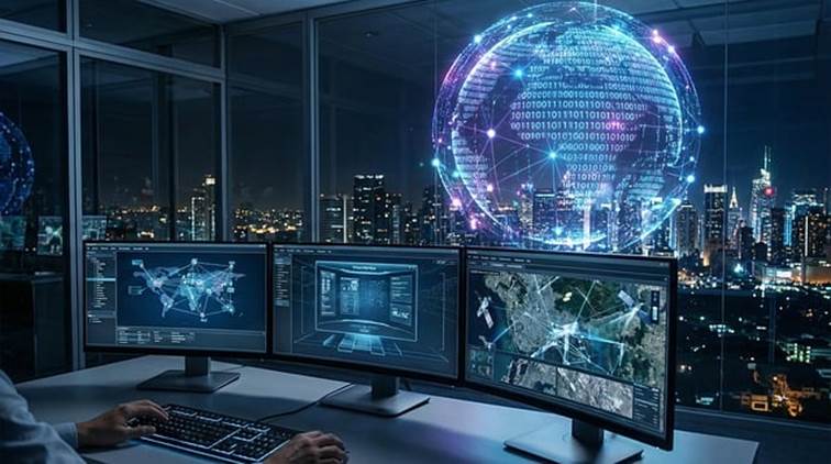 Tři monitory v kanceláři s analytickými dashboardy a mapami, nad nimi svítící digitální glóbus z binárního kódu symbolizující data a AI.