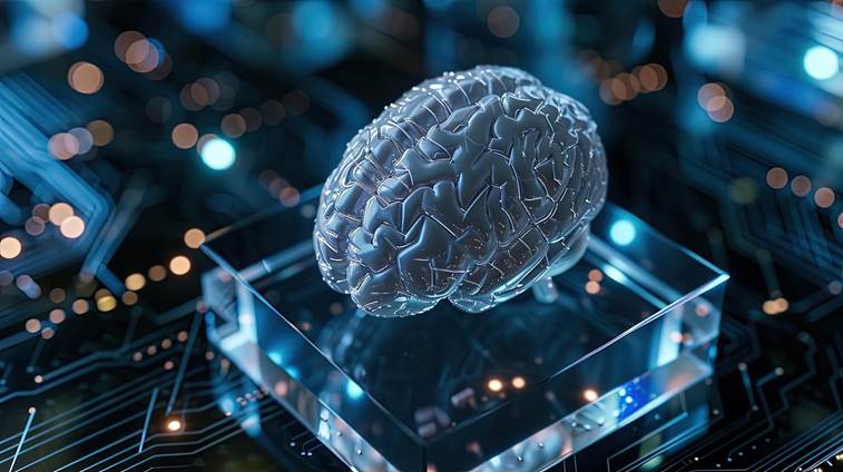 Skleněný model mozku na čipu nad deskou plošných spojů jako symbol umělé inteligence ovlivňující SEO
