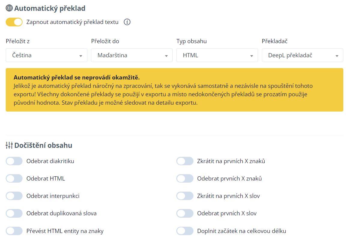 Nastavení automatického překladu v Conviu – výběr překladu z češtiny do maďarštiny přes DeepL a přepínače pro dočištění obsahu feedu.