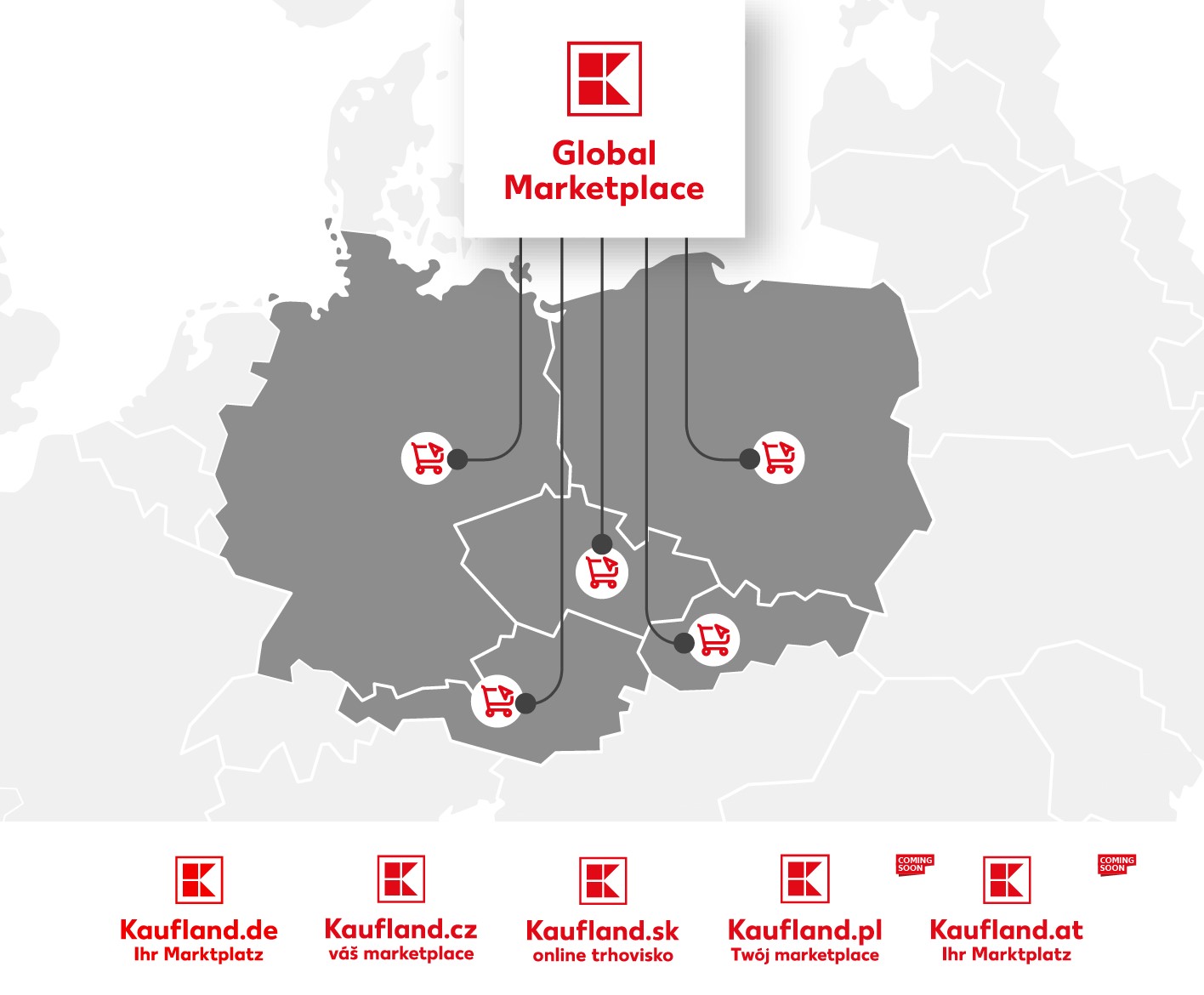 Mapa střední Evropy s pokrytím Kaufland Global Marketplace a marketplacy Kaufland.de, .cz, .sk, .pl a .at.
