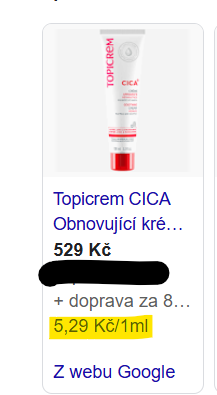 Ukázka produktu Topicrem CICA v Google Nákupech za 529 Kč se zvýrazněnou měrnou cenou 5,29 Kč/1ml.